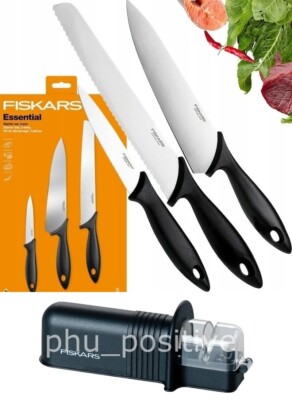 FISKARS ESSENTIAL MESSERSET 3 KÜCHENMESSER MIT MESSERSCHÄRFER, 4-TEILIG, MESSERN