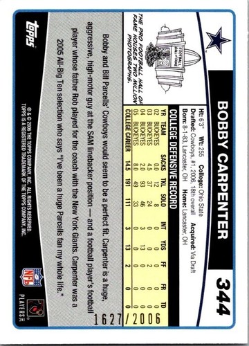 BOBBY CARPENTER 2006 Topps #344 GOLD RC #/2006 Dallas Cowboys - Picture 2 of 2