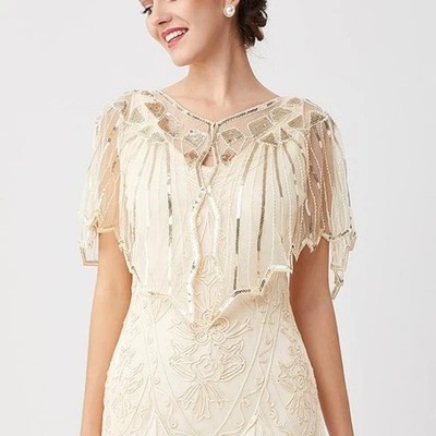 Women 1920s Shawl Sequin Wraps Bolero Flapper Bridal Cover Evening Cape Up