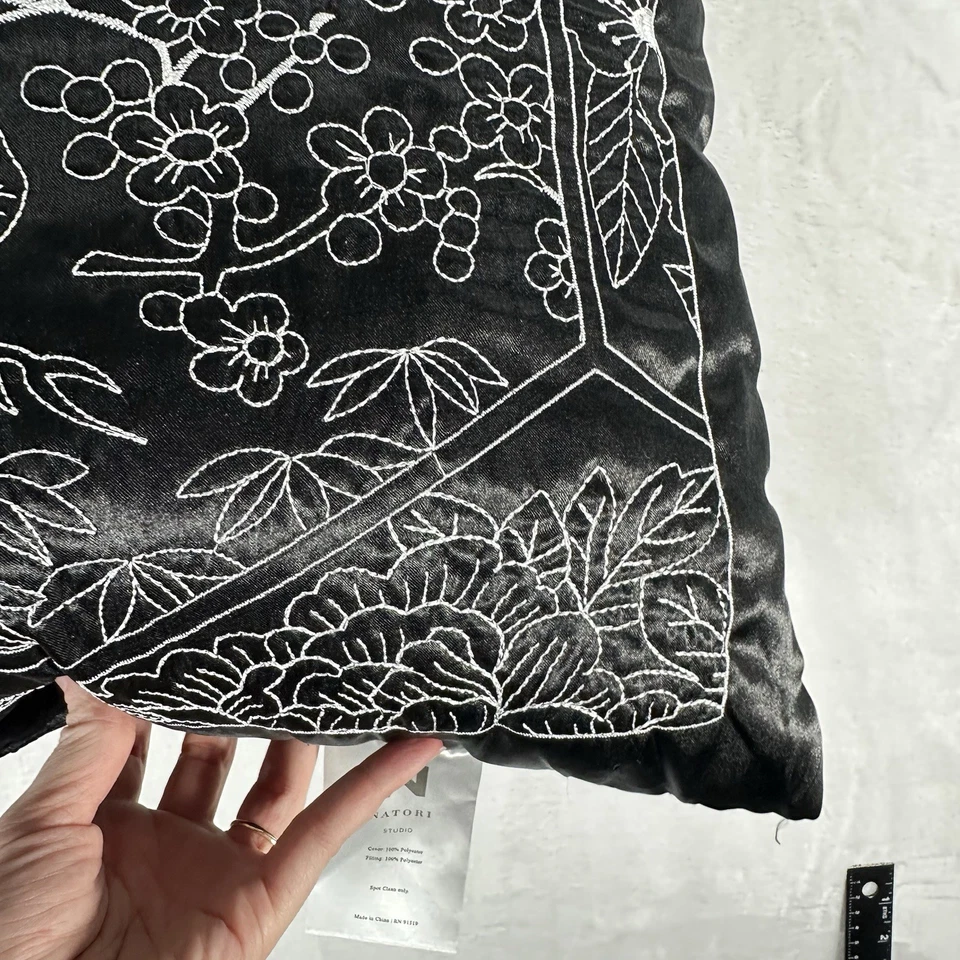 Natori Pillow Black Embroidered Crane Satin Square 15 x 15 Romantic Gothic - Image 4 of 4