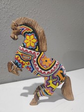 HUICHOL Carved Wood BEADED Rearing Horse Mexican Folk Art Figure 9&rdquo; Multicolor