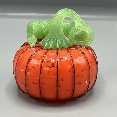 Art Glass Orange Glass Pumpkin Curled Stem 5 Inches Tall / Fall Halloween Signed