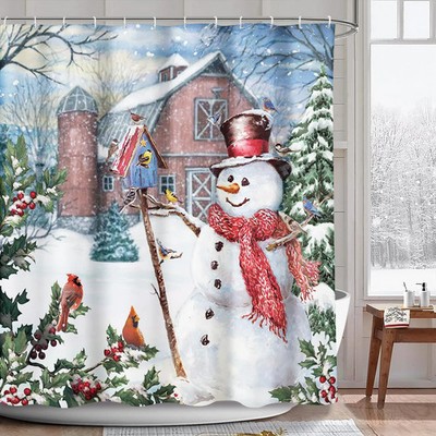 AIBIIN Weihnachten Duschvorhang Set mit 12 Haken Winter Outdoor Schneemann