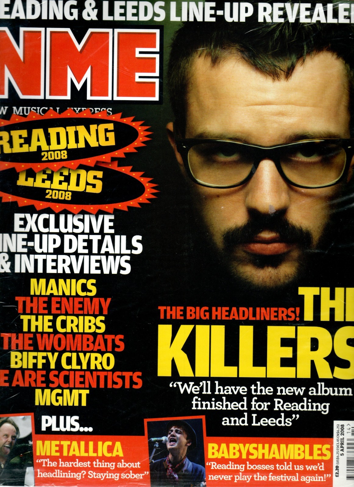 NME Magazine April 5 2008 -The Killers, Reading & Leeds festivals 2008,Metallica