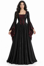 Women's Gothic Witch Gown Black Burgundy Victorian Dress Halloween Costume