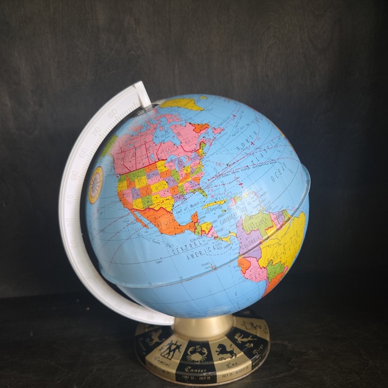 Rotating Vint. World Globe HART CO - Metal ZODIAC SYMBOLS  Base, 1960's Vintage 