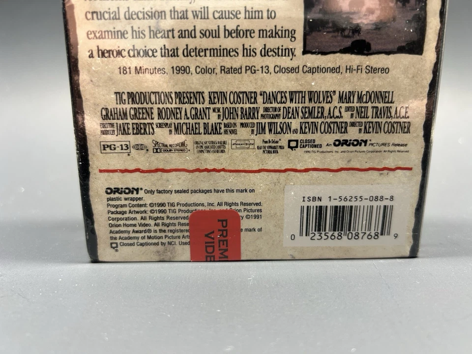 Dances With Wolves VHS RARE FACTORY SEALED ORION STUDIO WATERMARK 1990 1st Print - Image 3 of 4