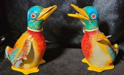 Vintage 1950s Haji Japan Tin Litho Wind Up Waddling Quacking Ducks Pair Lot of 2