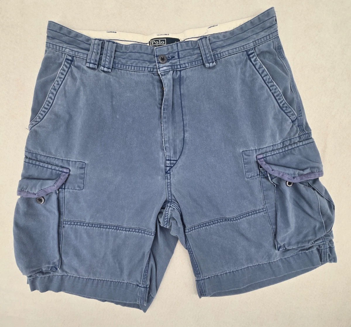 VTG Polo Ralph Lauren Cargo Shorts 35 Blue Hiking Pocket Cotton Travel Outdoor