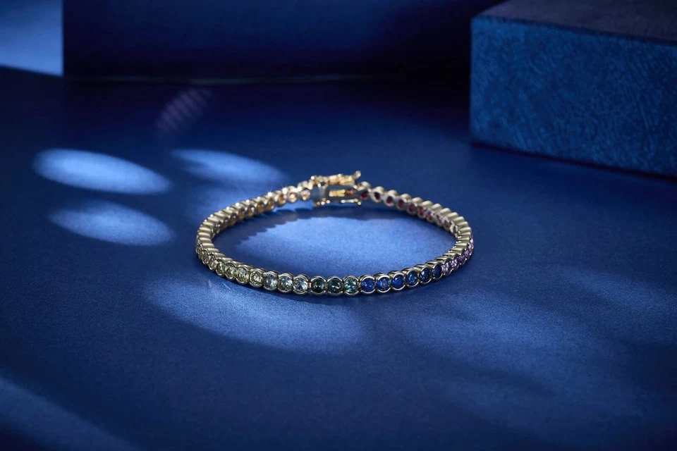 Conjunto de medio bisel redondo de oro amarillo de 14 quilates FN de 10 quilates de laboratorio creado pulsera de tenis arco iris Foto 4 de 4