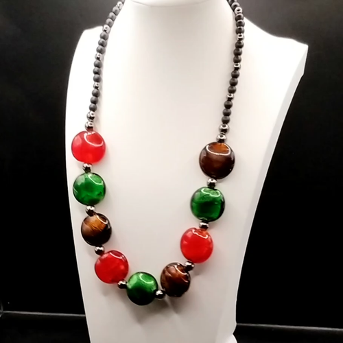 Red Green Bronze Brown Glass Necklace Lampwork Foil Beads Chunky Statement Big - Video 1 of 1