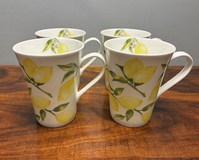 NEW Set of 4 MIKASA LEMONS Mugs Cups Glasses 13 oz Bone China White Yellow Fruit
