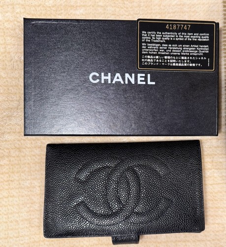 CHANEL CC Black Caviar Leather Trifold Wallet Gold Hardware Authentic Vintage 
