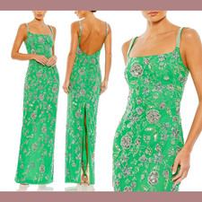 NWT Mac Duggal [ 16 ] 10808 Hand Beaded Floral Spaghetti Strap Gown Green S1586