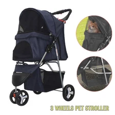 Foldable Pet Strollers 3 Wheels Carrier Cart w/Cup Holder fr Cats&Dogs Navy Blue