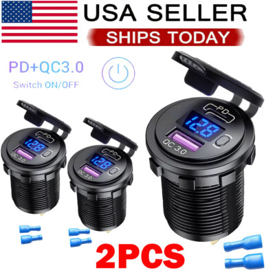 2x Blue 12V QC3.0 Dual USB Car Fast Charger Sockets LED Voltmeter Waterproof US