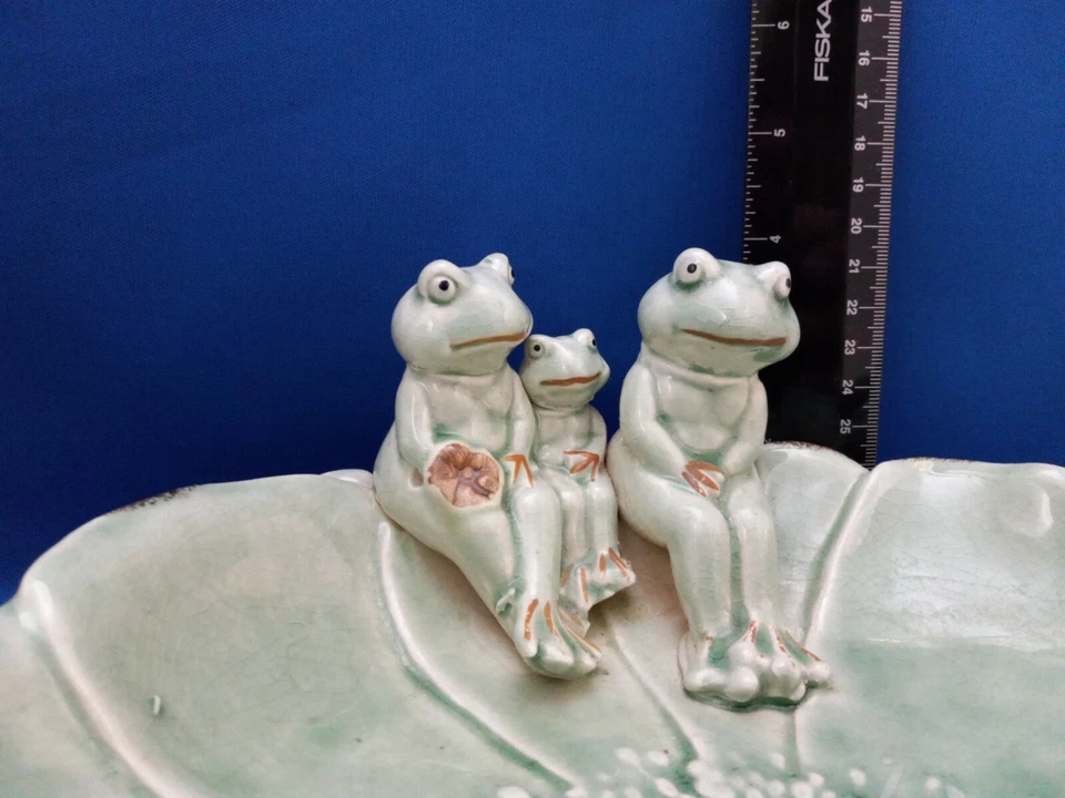 Familia de ranas sentadas en un plato grande de flores de loto Foto 4 de 4