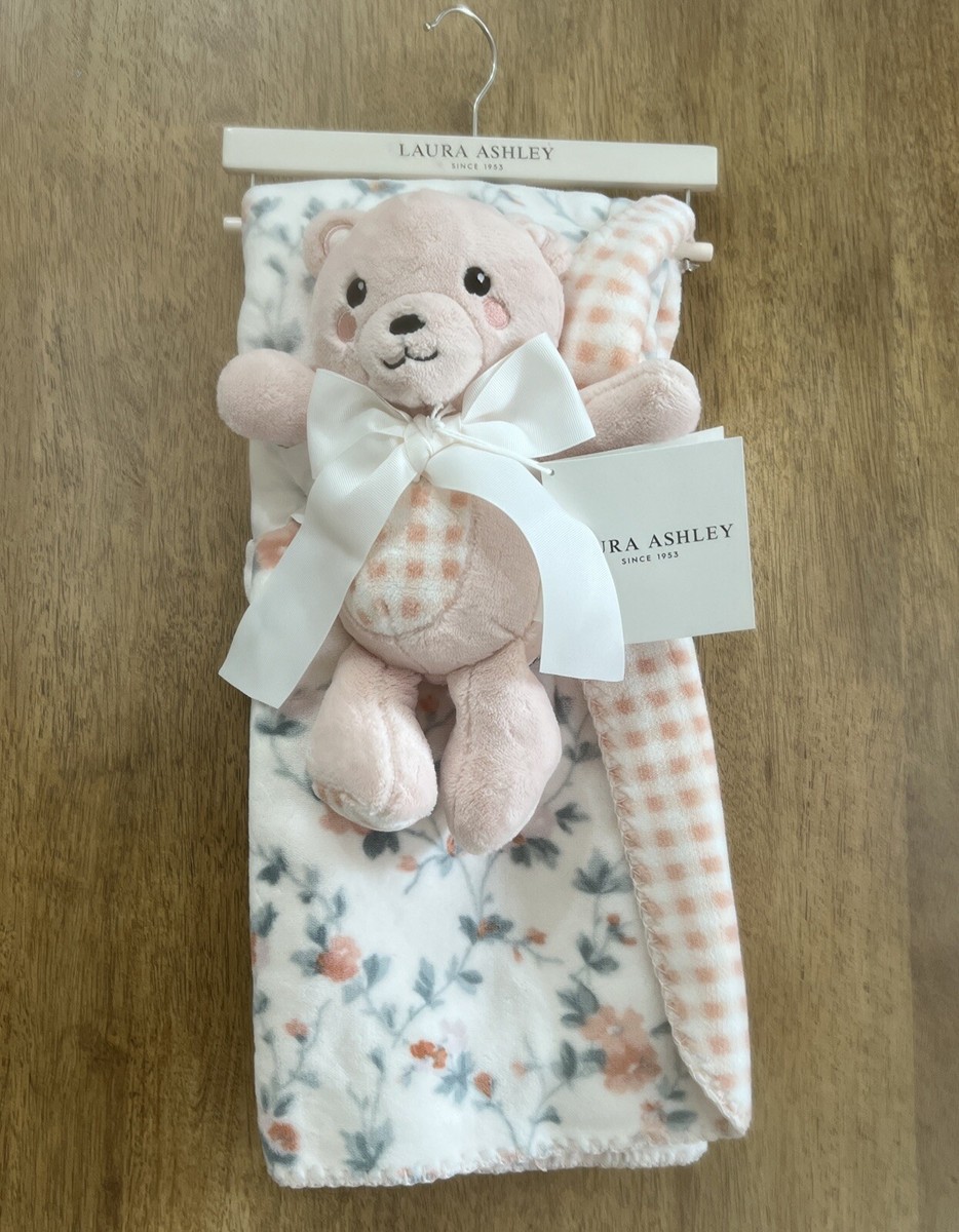 Laura Ashley Baby Blanket Plush Teddy Bear Set Floral Plaid Multicolor  30”x40”