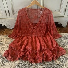 XL New Red Lace Crochet Boho Folk Tunic Blouse Top Cover-Up Womens X-LARGE OS