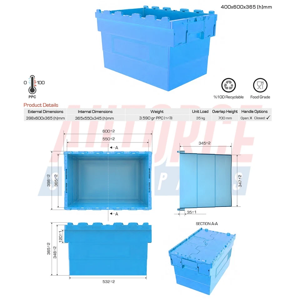 Attached Lid Containers, Heavy Duty Attached Lid Crate Storage Boxes Grey Blue - Image 3 of 4