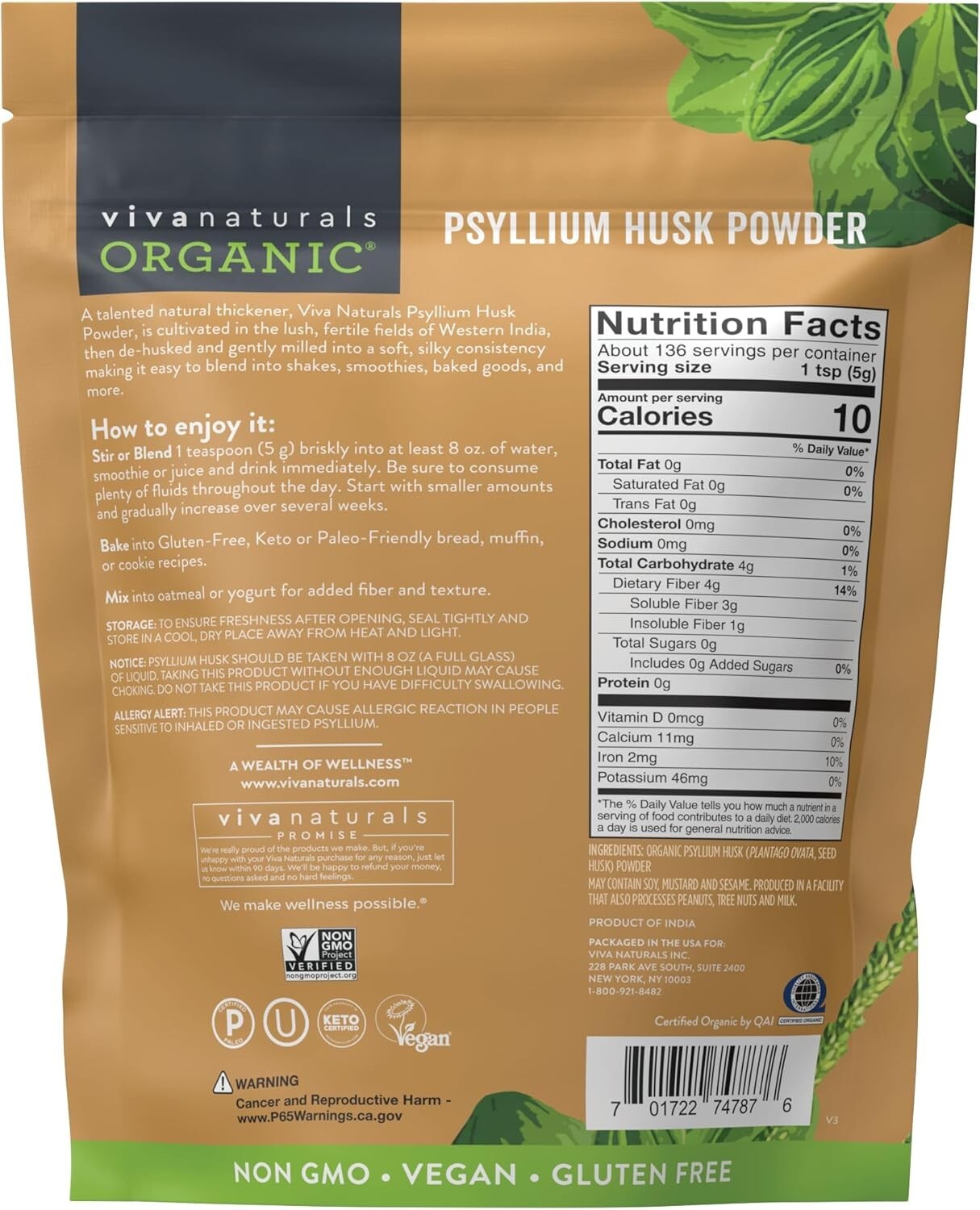 Viva Naturals Organic Psyllium Husk Powder 1.5 Lbs Easy Mixing Fiber Supplement