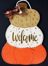 WELCOME Stacked Pumpkins Thanksgiving SIGN Wall Door Hanger Plaque Wood Decor