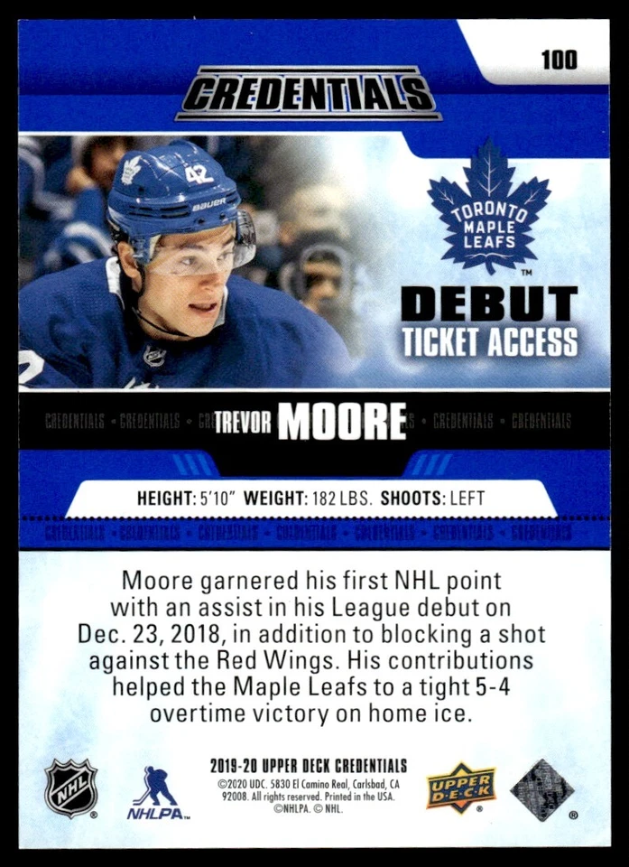 2019-20 Upper Deck Credentials Trevor Moore 148/699 Toronto Maple Leafs #100 - Image 2 of 2
