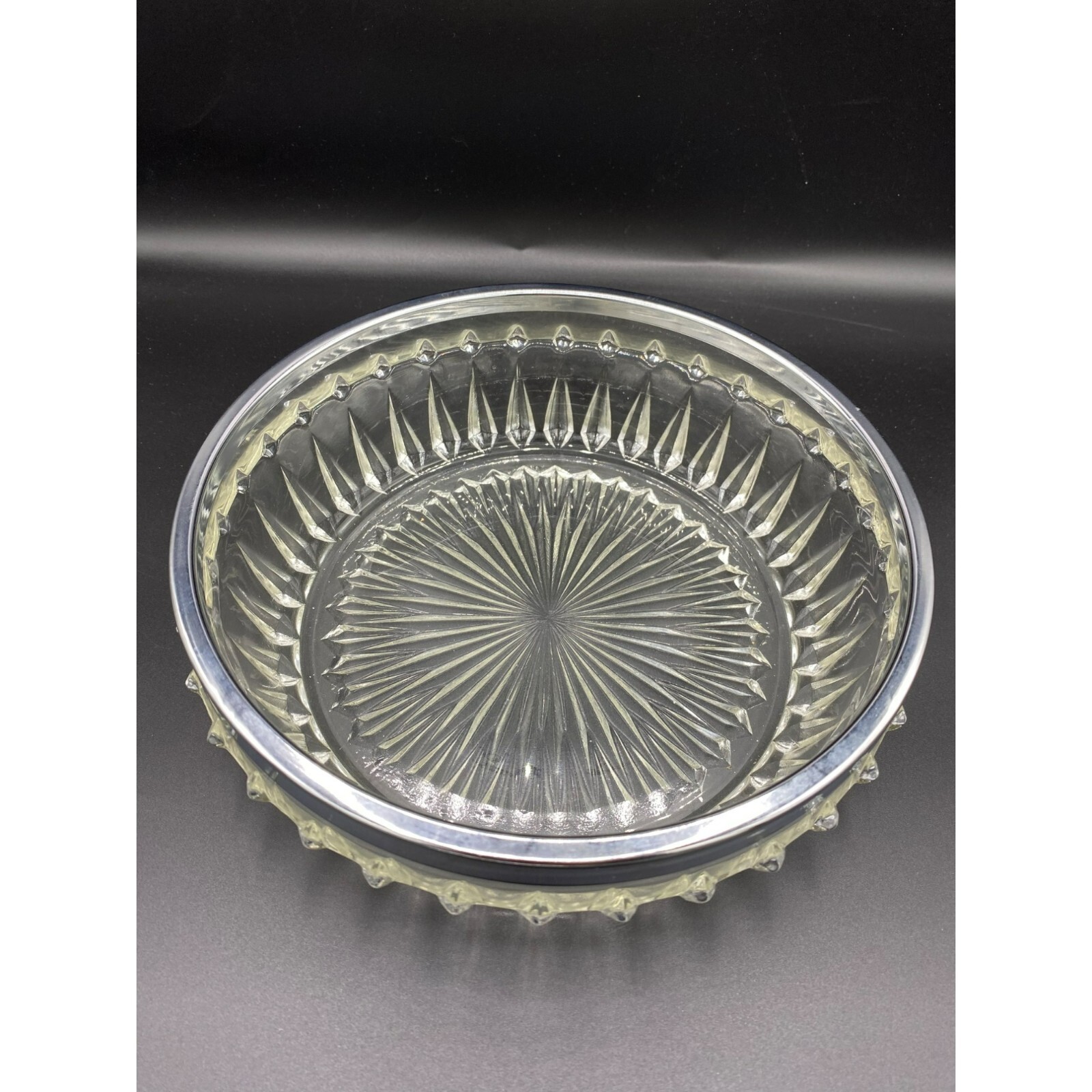 Vintage Chrome Rim Pressed Glass Serving Bowl 8.5 Inch Diameter