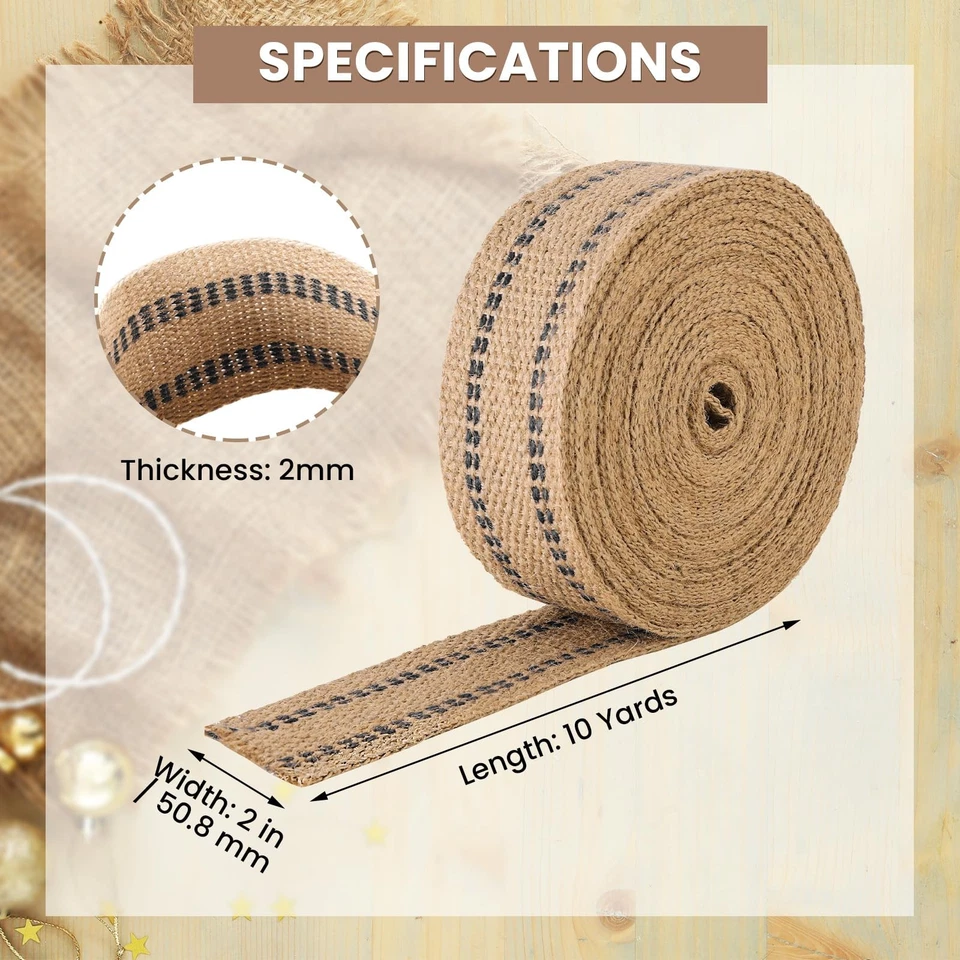 2" Craft Jute Webbing Tape | 10 Yards Roll Natural Burlap with Black Stitching f - Image 2 of 4