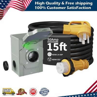 50 Amp 15FT Generator Power Cord and Power Inlet Box 14-50P Male to SS2-50R STW