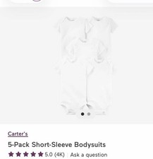 Carter's WHITE Baby Boys or Baby Girls 5-Pack Short Sleeve Bodysuit, US New Born