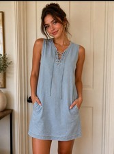 Madewell Chambray Lace-Up Shift Dress Womens Size Medium Pockets Cotton F2700