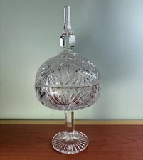 Vintage Tall Cut Crystal Pedestal Covered Candy Dish American Brilliant