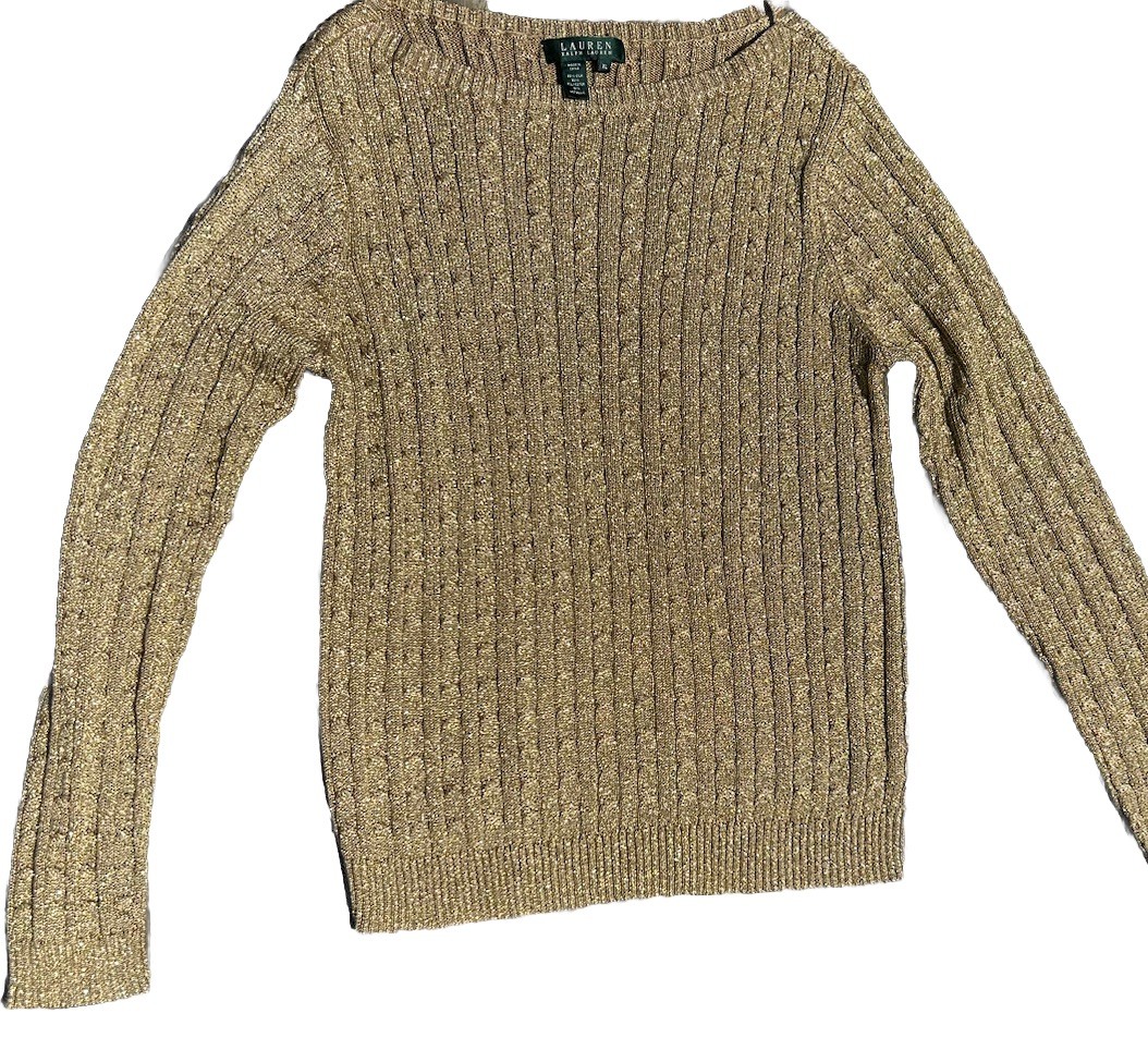 Polo Ralph Lauren Sweater Women  XL GOLD Christmas Silk Cable Knit Pullover