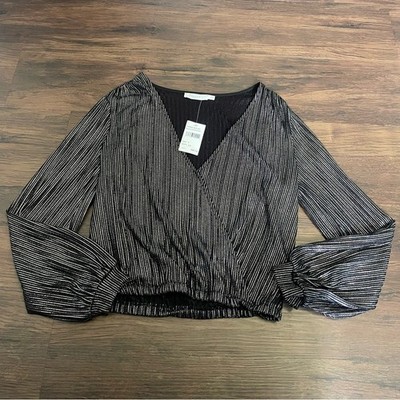 Lush Striped Metallic V-Neck Long Sleeve Blouse NWT Size S