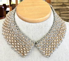 Vintage Japan Baar Beards Faux Pearl Bead Collar Necklace 16" w/ Silver Thread