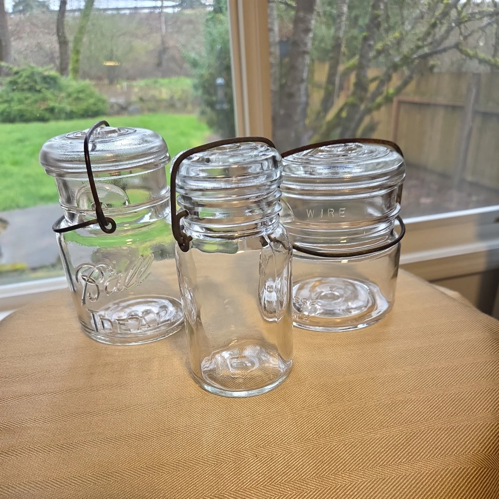 Three (3) Antique Clear Glass Fruit Jars w/ Lids & Wire Bails