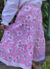 Girl long full tiered cotton floral skirt modest pink Prairie lace size XS S M L
