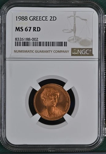 1988 GREECE 2 DRACHMES NGC MS-67 RD - Tied Finest Known None Higher 002