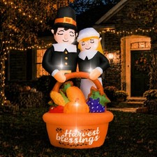 6FT Fall Thanksgiving Inflatable Pilgrim Couple W/ Harvest Basket Decor Outdoor