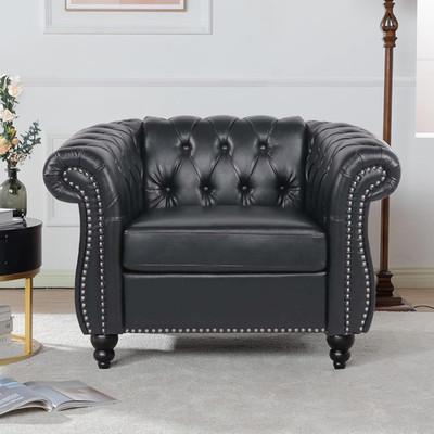 Mid-Century Modern Leather Armchair with Nailhead Trim - Black Chesterfield Sofa