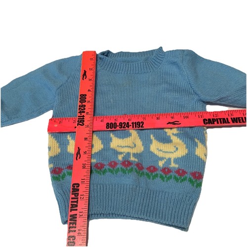 Vintage Yellow Ducks Red Flower Blue Knit Sweater Kid Pullover Long Sleeve 2-3T? - Picture 2 of 5