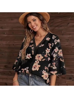 BLUEMING Women Floral Print Blouse V Neck Lace Trim 3/4 Sleeve Boho