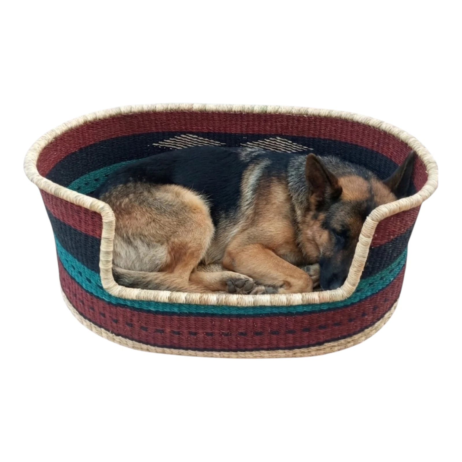 Dog Bed Basket - Handwoven Elephant Grass [Maroon/Green/Navy] Pet Bed