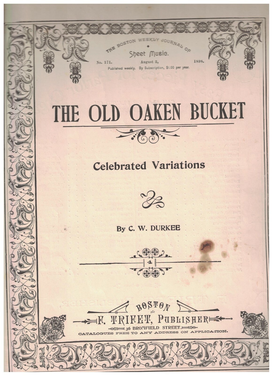The Old Oaken Bucket Sheet Music CW Durkee 1898 Celebrated Variations