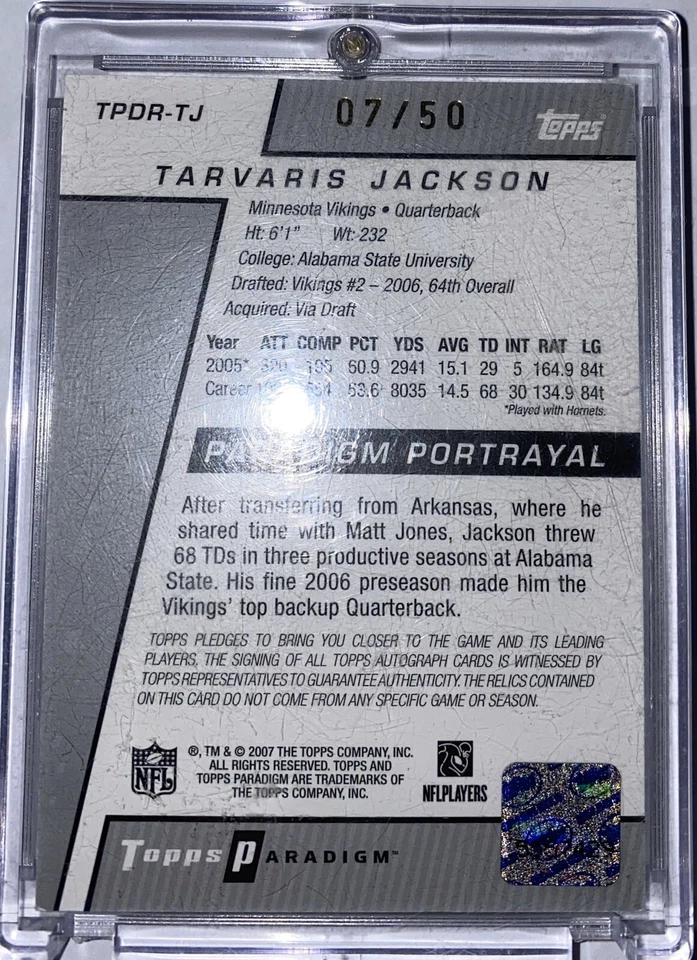 2006 Topps Paradigm Gold Tarvaris Jackson Mint Auto RC Rare #D 07/50 RIP 4/12/20 - Image 2 of 2