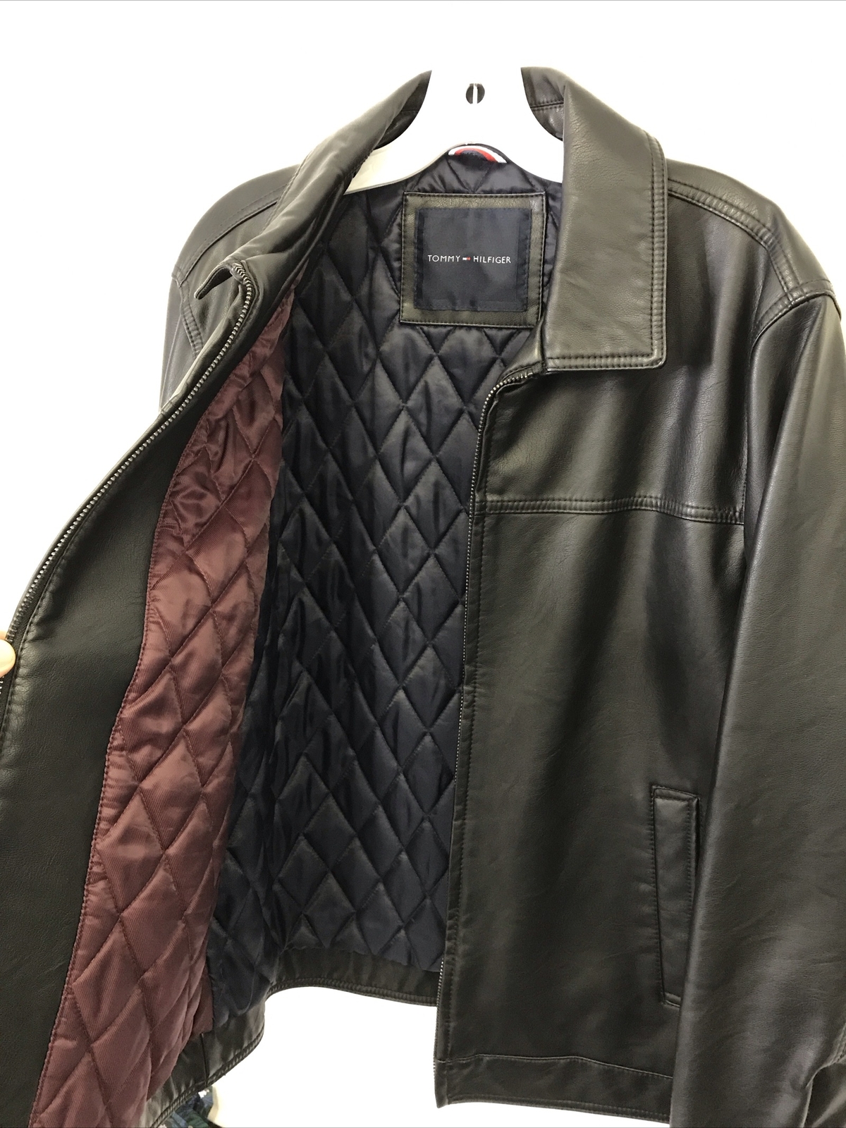 Tommy Hilfiger Men's Faux Black Leather Laydown Collar Jacket Sz Large