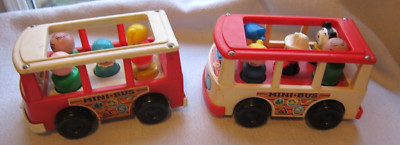 Lot of Two Vintage Fisher Price Mini Buses FP 141 with 10 Wooden Mini People GC