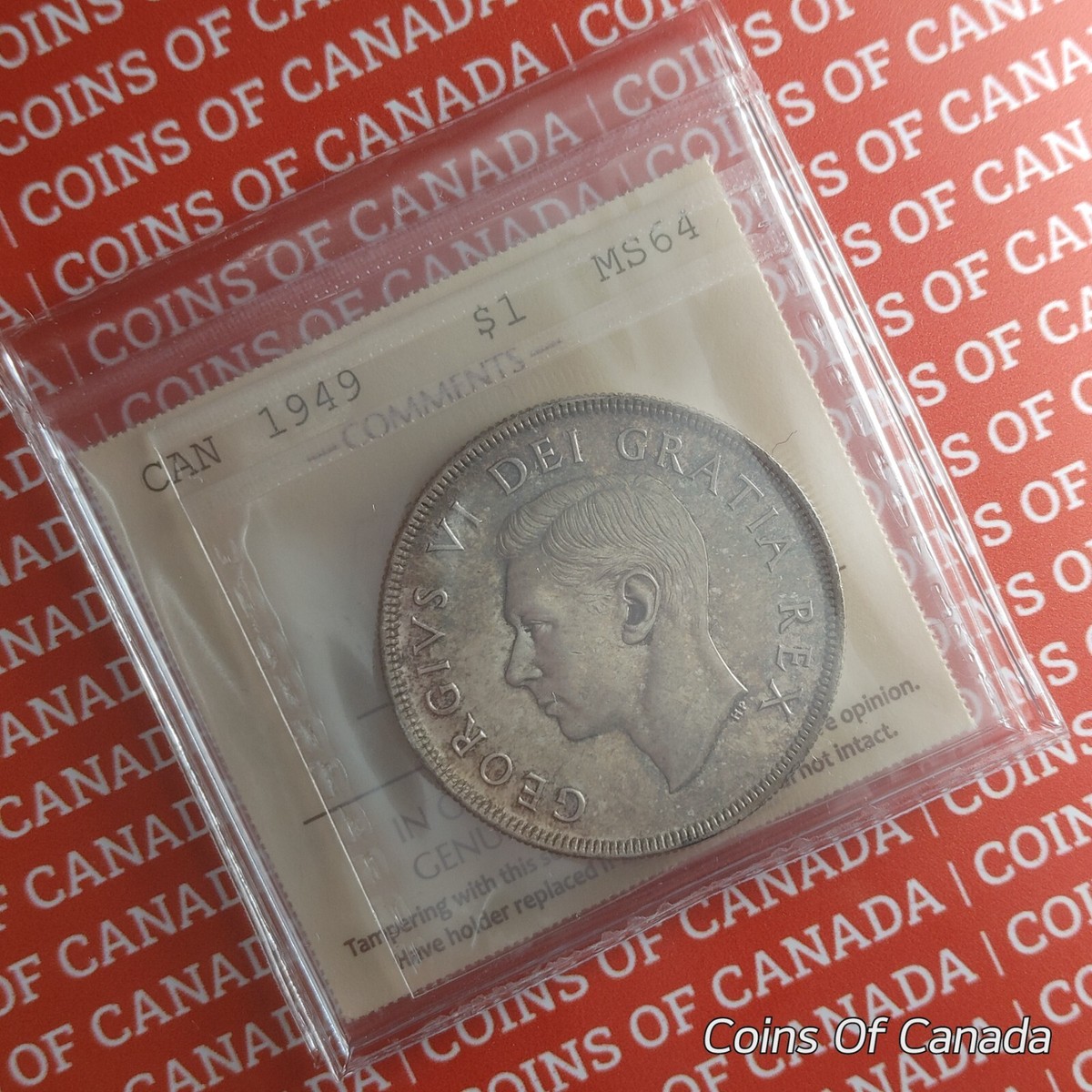 カナダ　$100 一枚 1949 Canada $1 Silver Dollar ICCS MS 64 1/2 Moon - Rare Half Moon