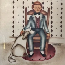 Vintage Folk Art Theorem Portrait Jean Henry Boy & Dog 7"X8" Handmade Wood Frame